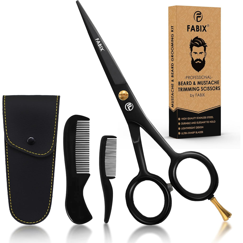 5” Professional Beard Mustache Scissors with 1 Beard Comb, 1 Mustache Comb and Travel Pouch - Perfect Beard Trimming Scissors for All Facial Hair Scissors - Grooming Scissors