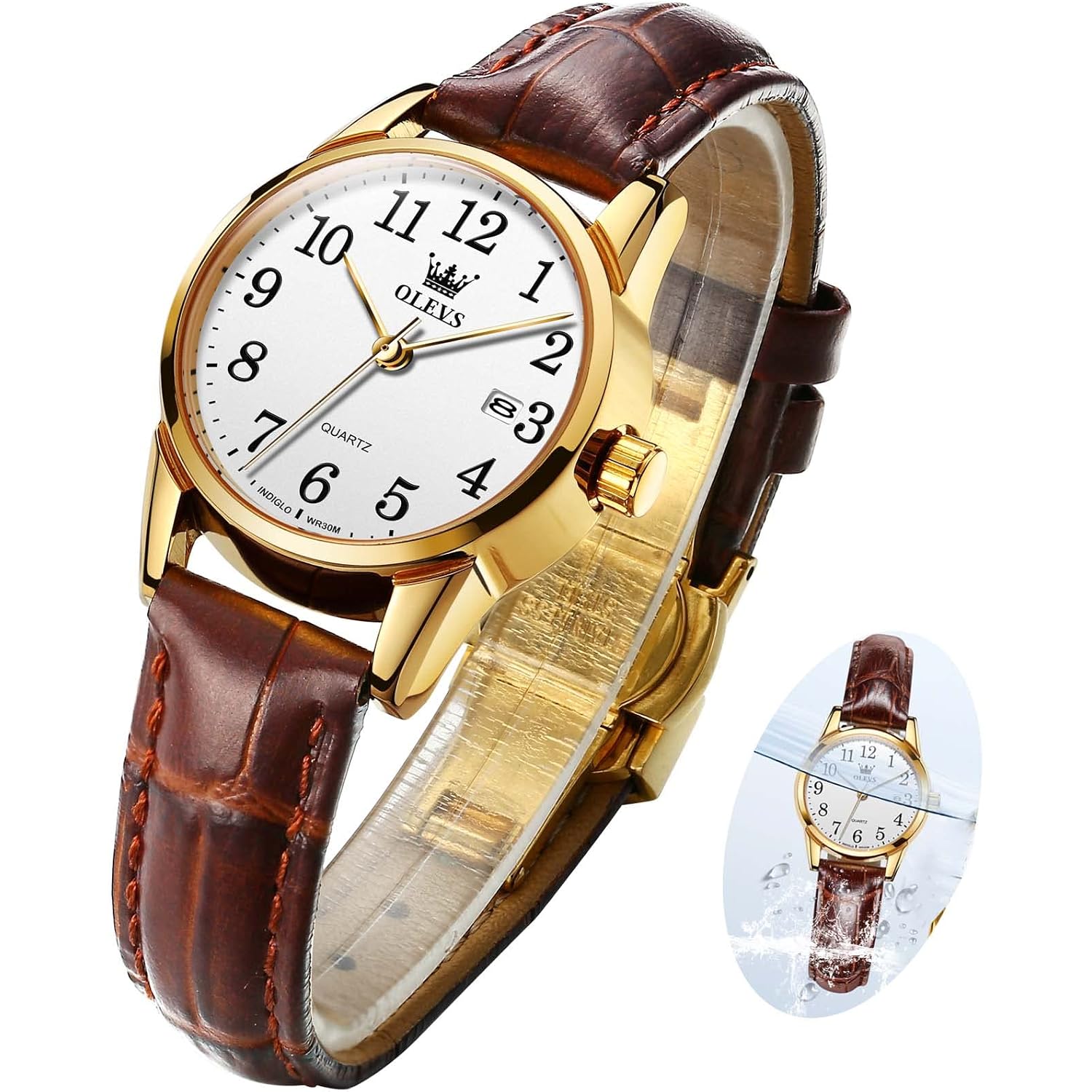 Olevs Elegant Women'S Watch Brown Leather Chronograph Watches For Women Medium Dial Fashion Dress Women Watch Waterproof Quartz Female Wristwatch Day Date Diamond Retro Watch For Women