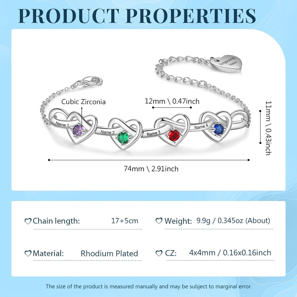 Personalized Infinity Heart Bracelet for Wowen with Birthstones, 18K Gold Names Bracelets, Gift for Women Girls, Mother’s Day, Birthday, Custom Engraved Family Jewelry for Mom, Wife, Grandma