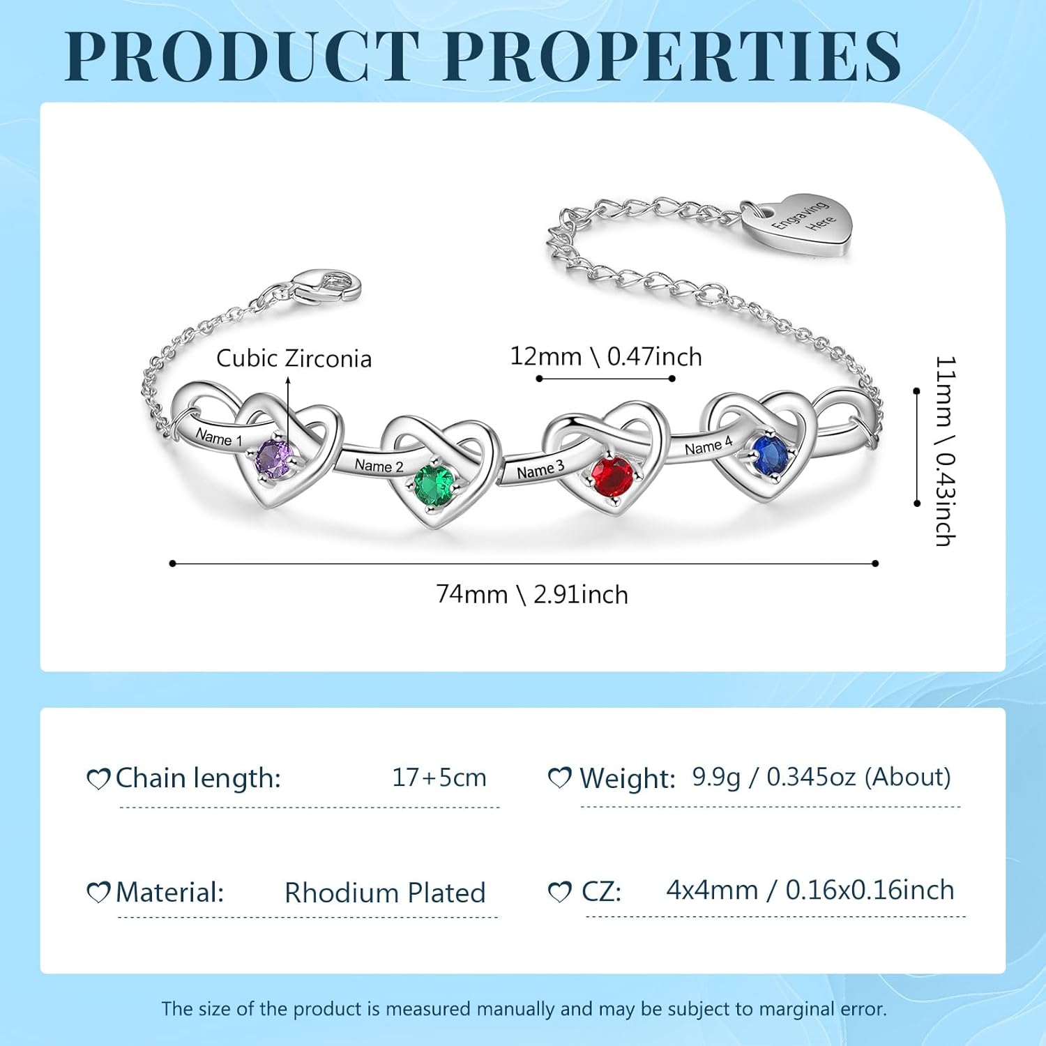 Personalized Infinity Heart Bracelet for Wowen with Birthstones, 18K Gold Names Bracelets, Gift for Women Girls, Mother’s Day, Birthday, Custom Engraved Family Jewelry for Mom, Wife, Grandma