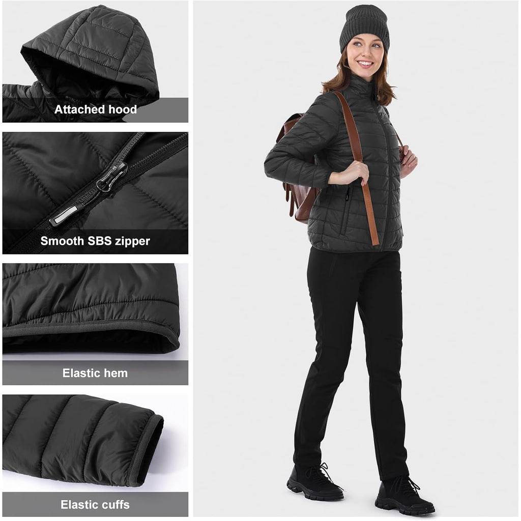 Outdoor Ventures Women'S Packable Lightweight Full-Zip Puffer Jacket With Hood Quilted Winter Coat