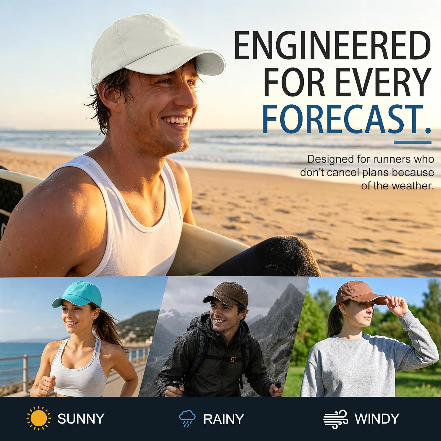 Mens Waterproof Baseball Cap Womens Rain Hat Quick Dry Running Hat with Sweatband Outdoor Golf Breathable Sports Cap Beige Grey