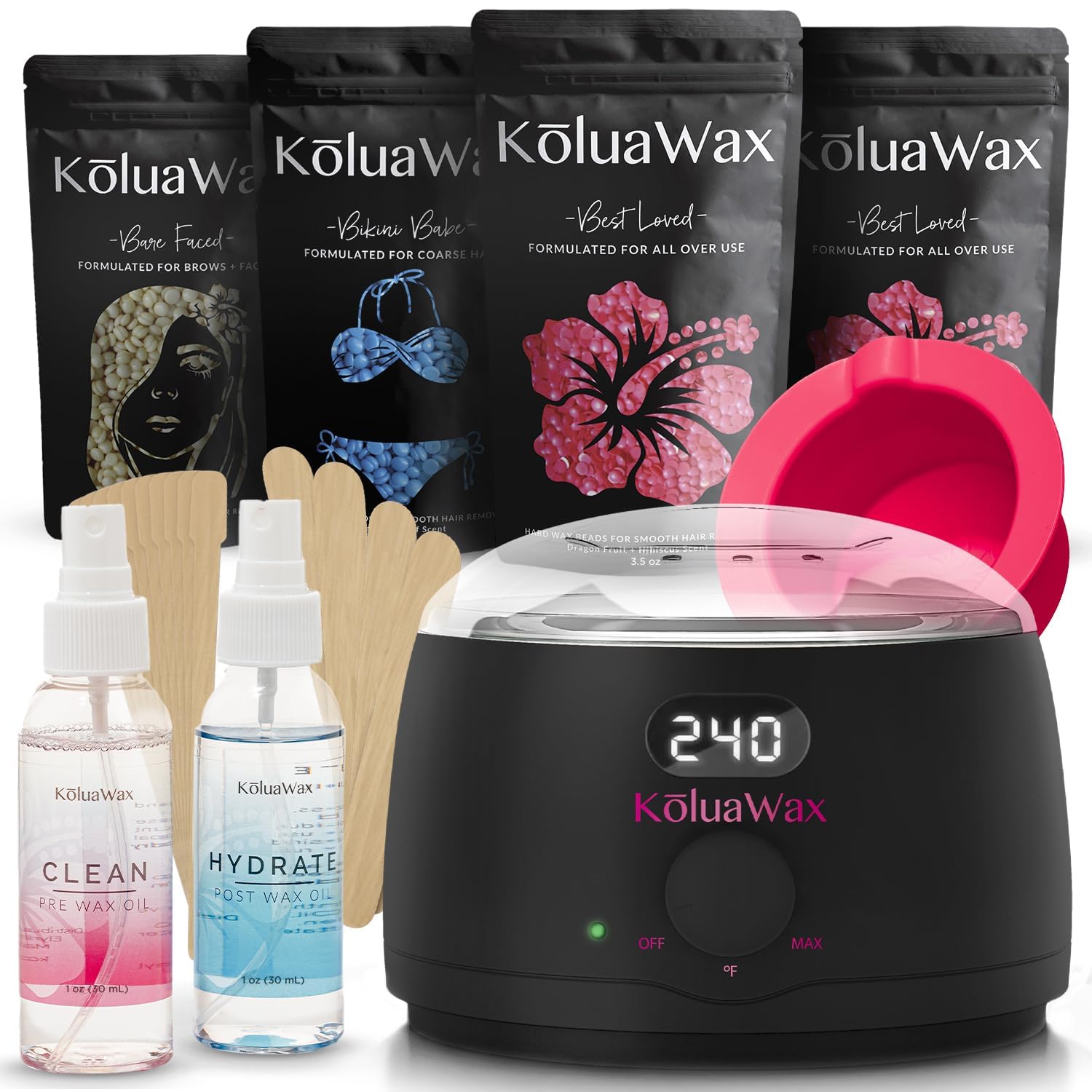 KoluaWax Premium Waxing Kit for Women & Men - Beginner Friendly - Complete Wax Kit that includes 14oz of Wax Beads, Applicator, Pre and Post Care, Suitable for Sensitive Skin (Black)