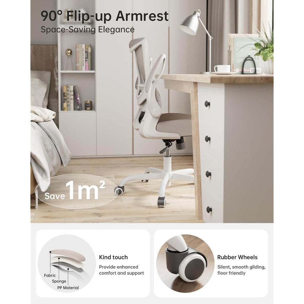 Office Chair, Ergonomic Desk Chair With Adjustable Lumbar Support And Flip Up Armrest, Breathable Mesh Computer Chair For Home Office, Khaki