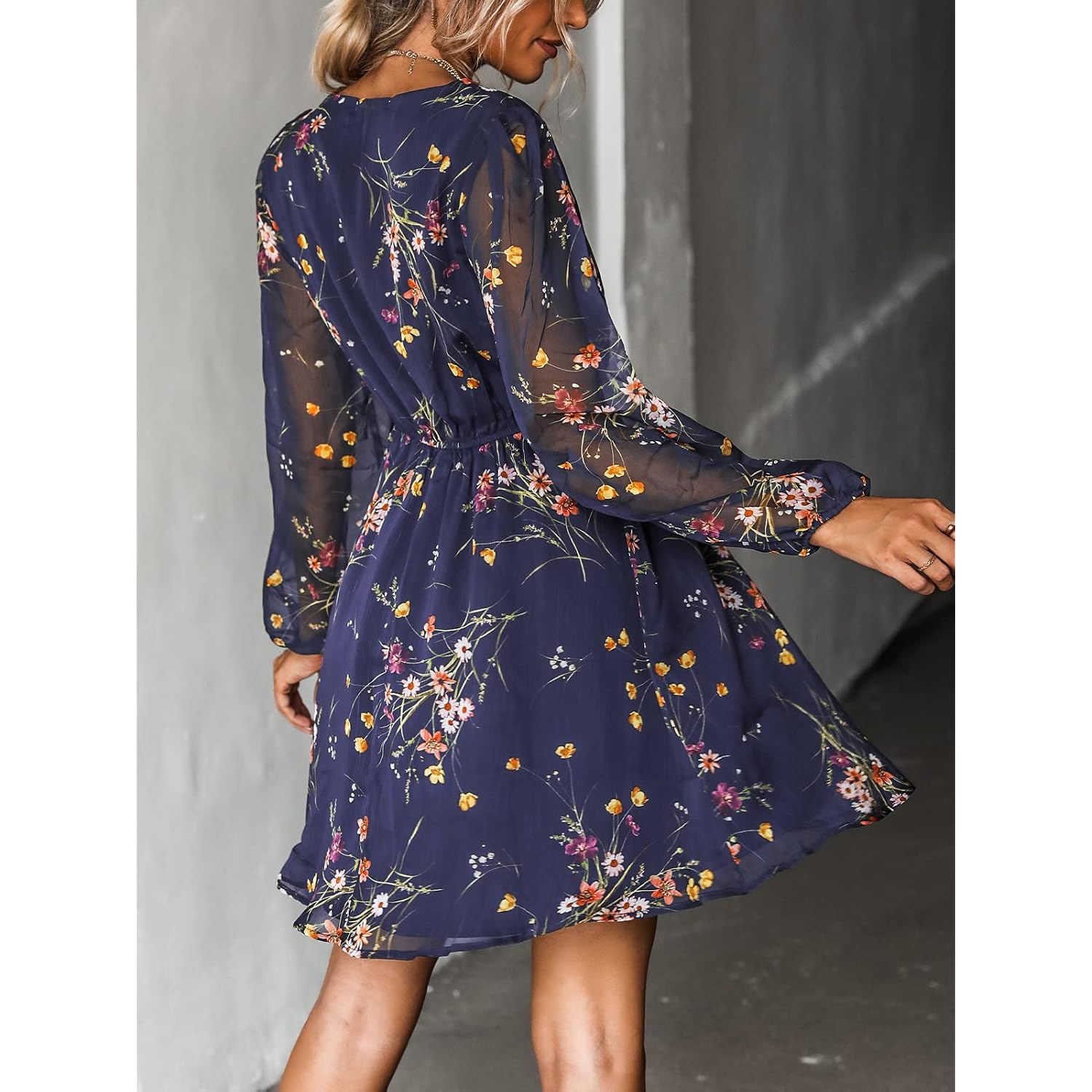 Cupshe Women'S Mini Dresses Casual Spring V Neck Chiffon Long Peasant Sleeves Flowy Spring Dress
