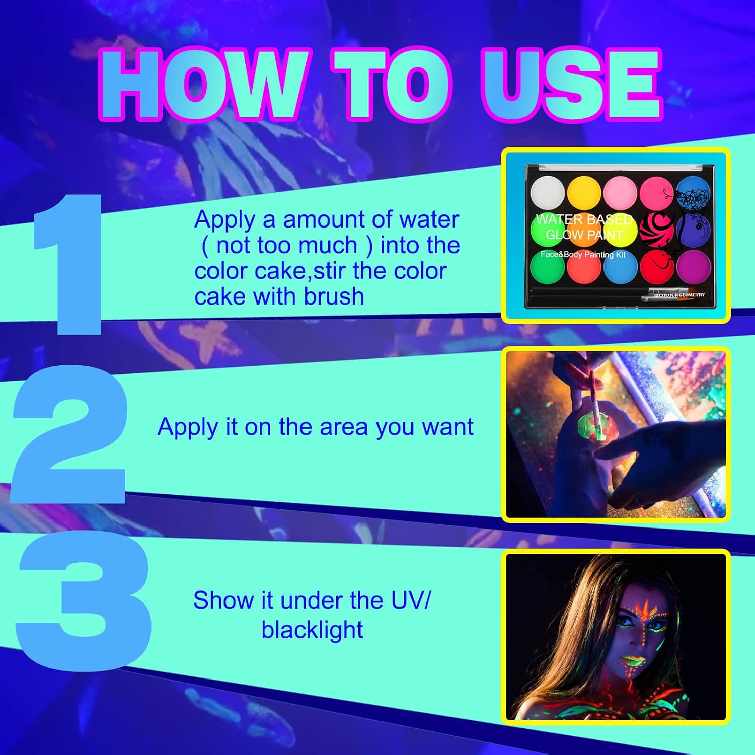 Uv Blacklight Face Paint,15 Bright Colors Neon Fluorescent Body Painting Palette,Water Activated Eyeliner,Water Based Makeup Glow In The Dark Halloween Washable For Kids Adult Body Paint
