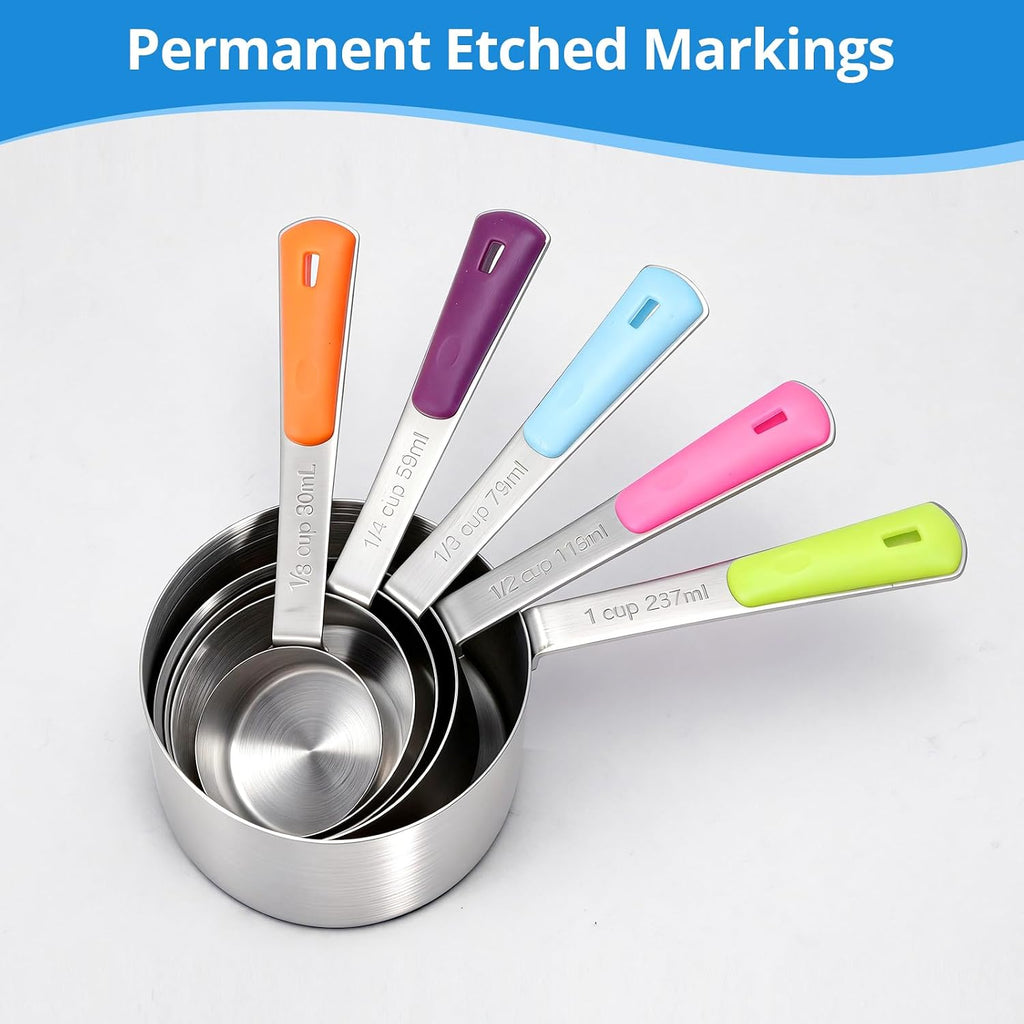 Measuring Cups And Spoons Set Stainless Steel 10 Piece For Cooking And Baking (5 Cups + 5 Spoons, Colorful Handles)