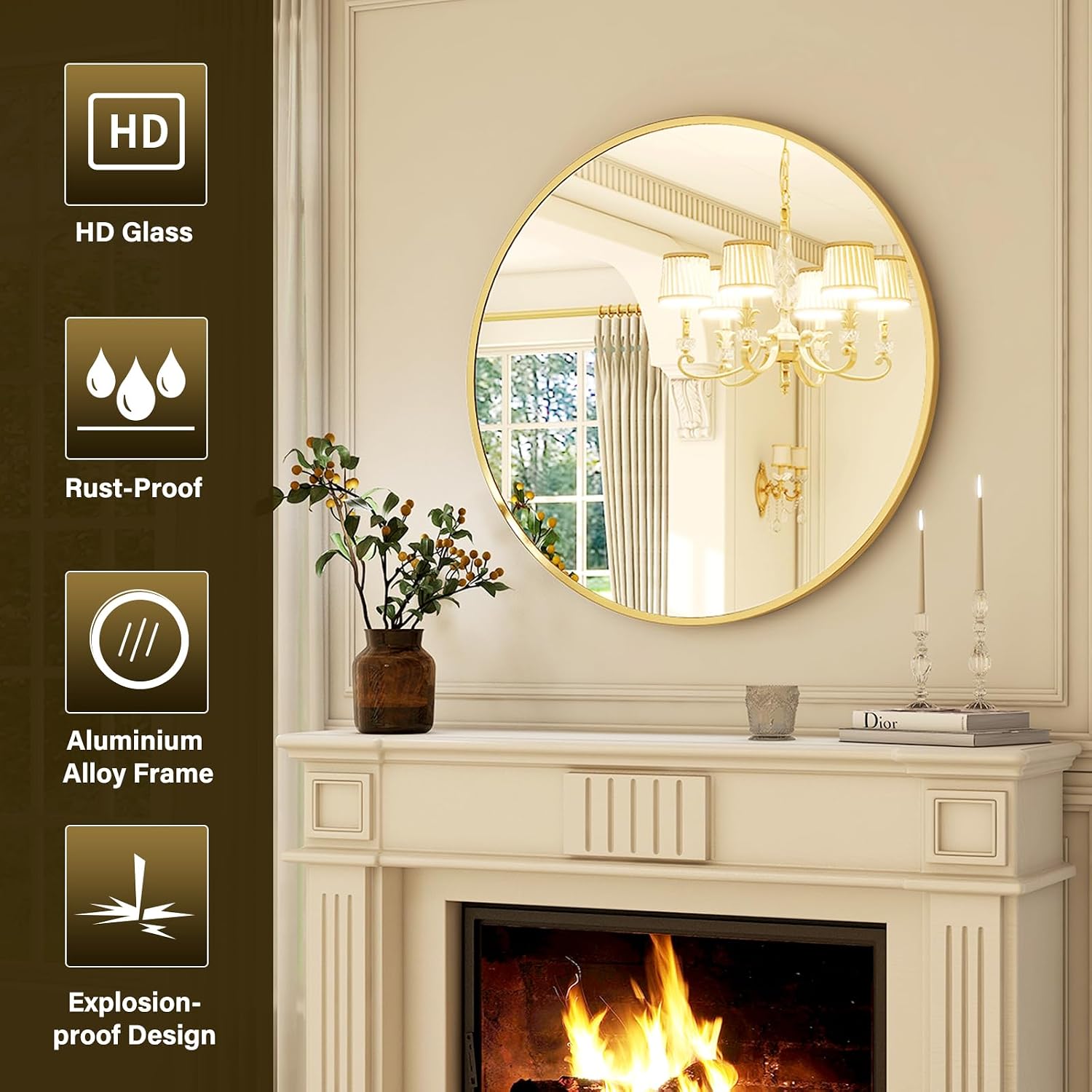 24 Inch Round Mirror - Circle Mirrors For Bathroom, Entryway And Living Room Wall Decor, Modern Hanging Vanity Mirror, Matte Gold Circle Decorative Wall Mirror