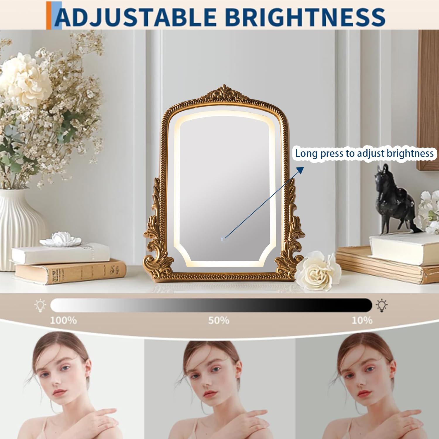 Hsddhome Large 16X20 Vintage Led Vanity Mirror, Gold Arch Makeup Mirror | 3-Color Dimmable Lights; Antique Carved Frame; Large Tabletop For Wide Dressers