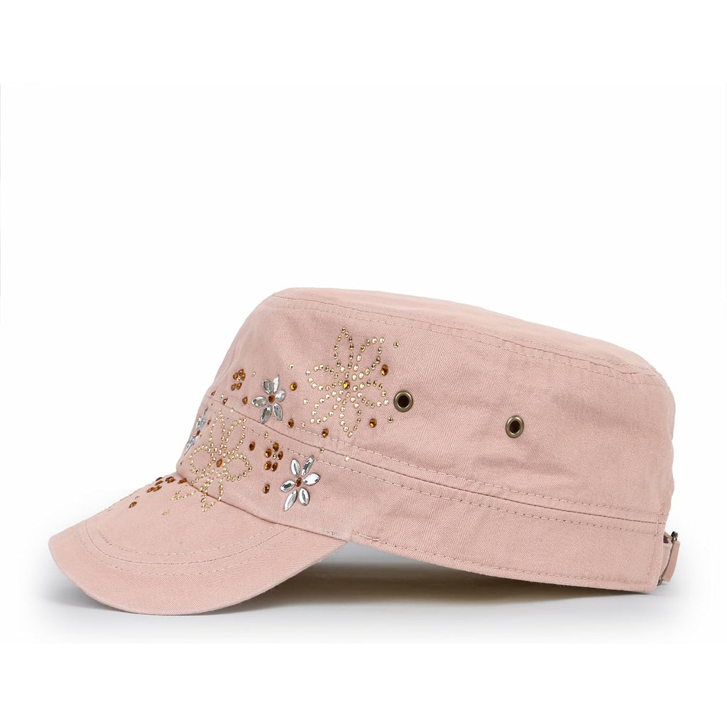 Ililily Rhinestone Cotton Cadet Cap Vintage Distressed Cotton Military Army Hat
