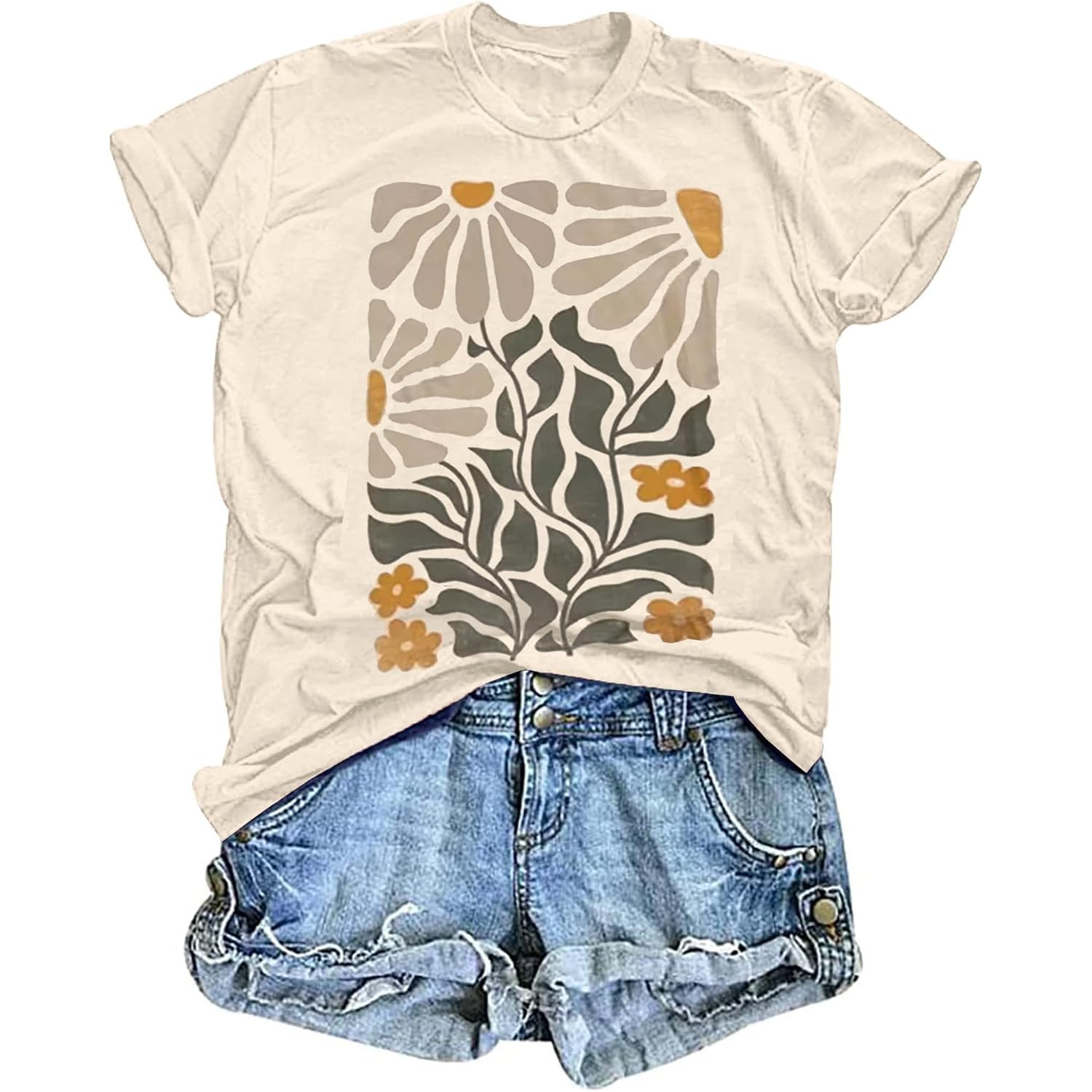 Women's Vintage Floral T Shirt Boho Wildflower Graphic Loose Tees Short Sleeve Casual Tops Apricot