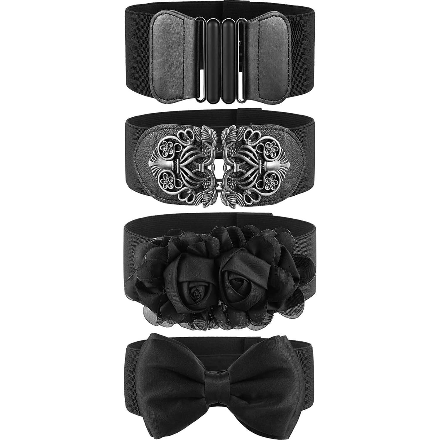 Chuangdi 4 Pieces Women Vintage Wide Waist Belt Black Belt for Dress Elastic Stretch Retro Waistband for Jeans Pants