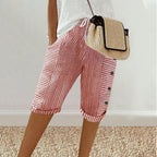 Womens Stripe Print Shorts Summer Knee-Length Casual Bermuda Shorts Lounge Shorts Elastic Waist Side Button Shorts