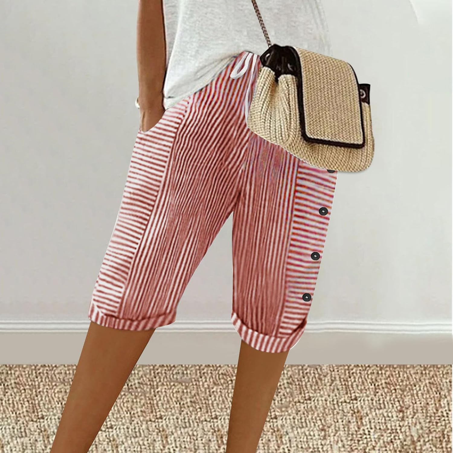 Womens Stripe Print Shorts Summer Knee-Length Casual Bermuda Shorts Lounge Shorts Elastic Waist Side Button Shorts