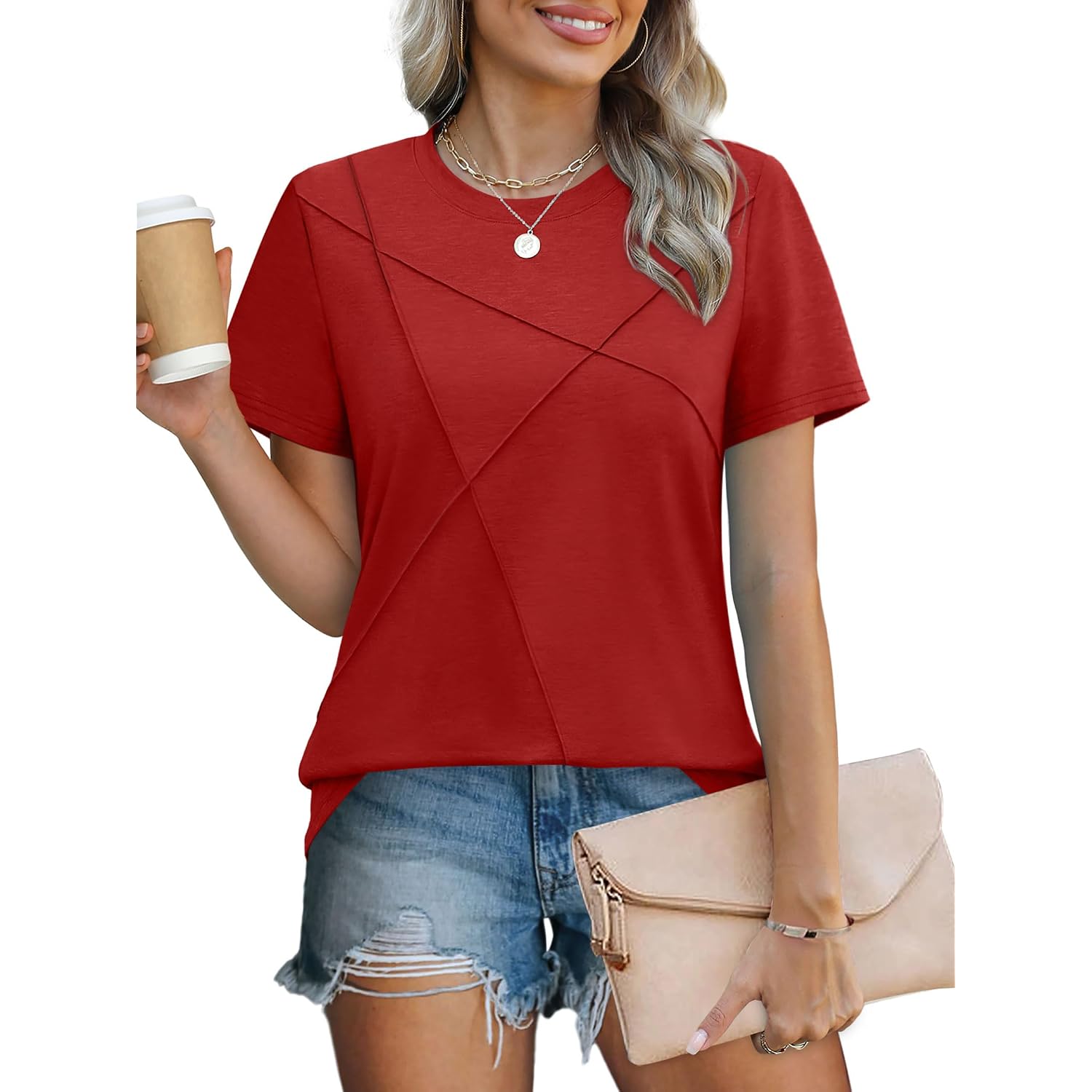 XIEERDUO Womens Summer Tops 2026 Pleated Round Neck Short Sleeve Shirts Business Casual