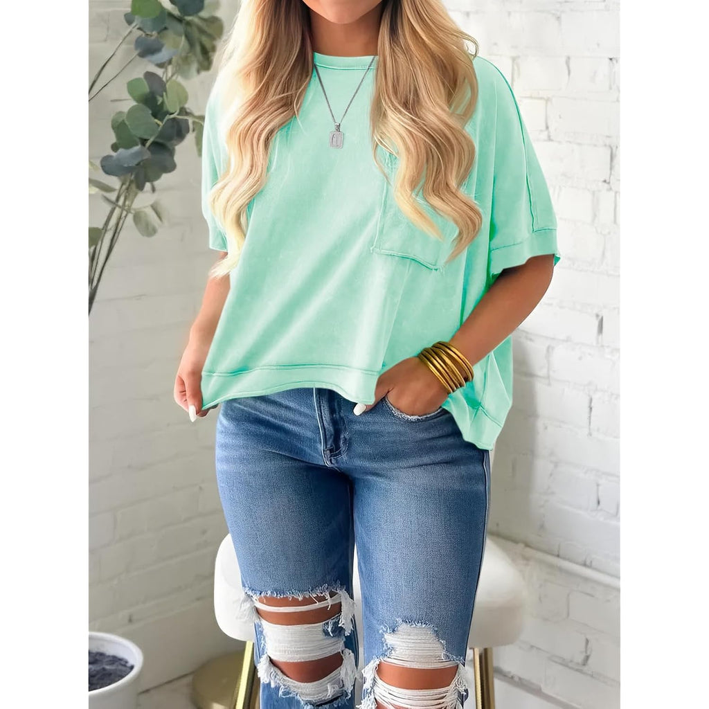 Cicy Bell Womens Summer Cropped T-Shirts Boxy Casual Short Sleeve Crew Neck Tops Acid Wash Cotton Loose Fit Tee Shirts