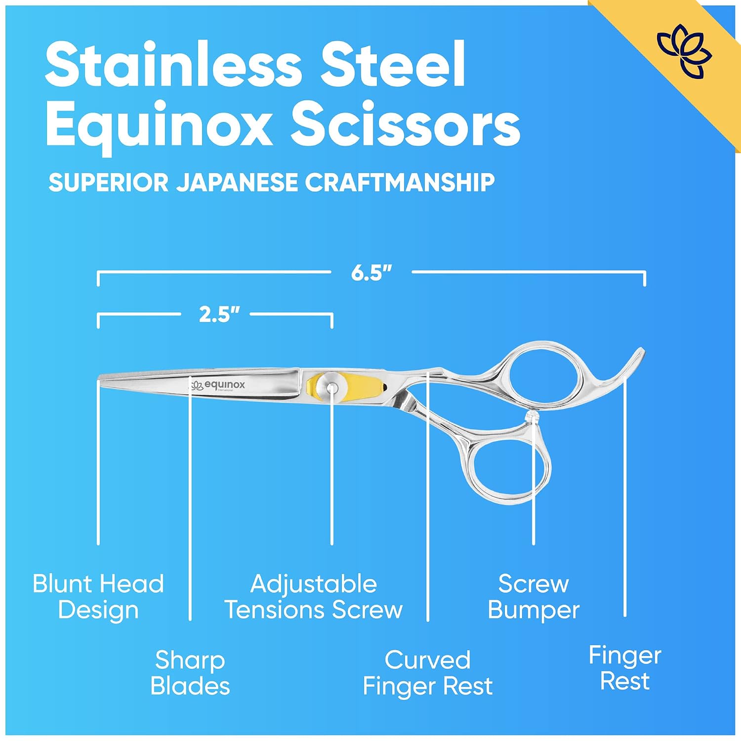 Equinox Professional Razor Edge Series Barber Hair Cutting Scissors - Japanese Stainless Steel Salon Scissors - 6.5” Overall Length - Fine Adjustment Tension Screw - Premium Shears For Hair Cutting