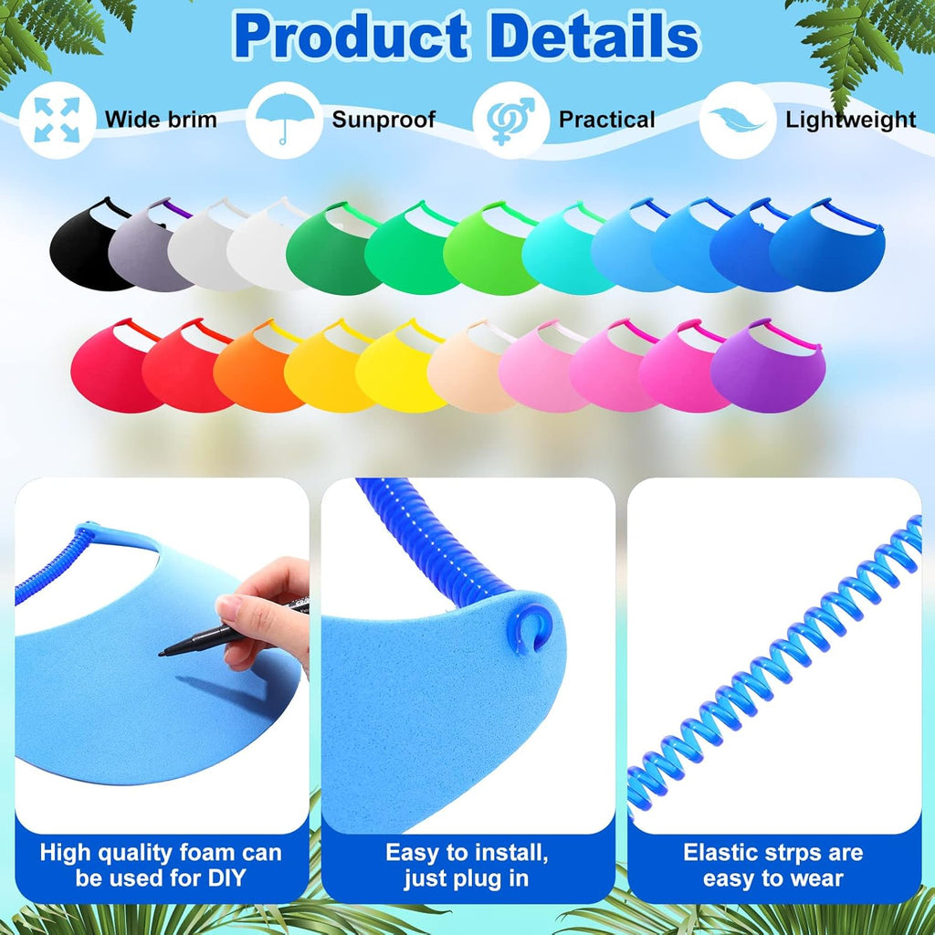 Sureio 22 Pcs Foam Sun Visors for Women Bulk Adjustable DIY Blank Sun Hat Tennis Elastic Visors for Party Beach Outdoors