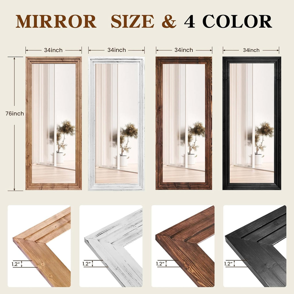 Full Length Mirror 76"X34" Solid Wood Frame Floor Large Mirror For Living Room, Bedroom Hanging Or Leaning Wall-Mounted, Light Brown