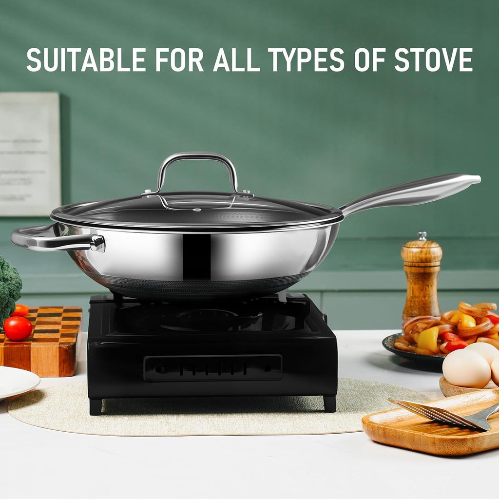 Slottet Hybrid 12-Inch Wok With Lid,Nonstick Stainless Steel Woks & Stir-Fry Pans,Stay-Cool Handle,Pfoa Free Cookware,Dishwasher And Oven Safe,Compatible With All Cooktops