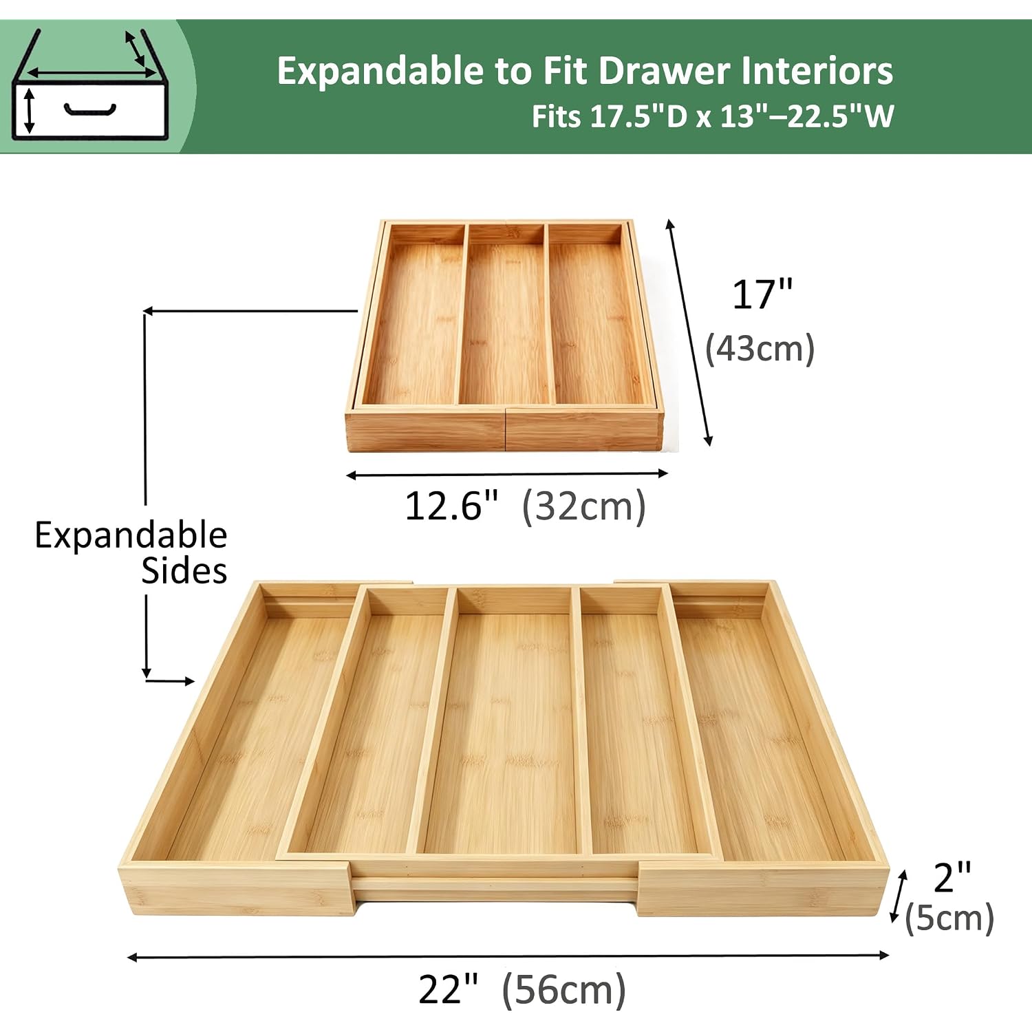 Utoplike Bamboo Expandable Kitchen Drawer Organizer, Adjustable Utensil Holder And Cutlery Tray Organiser, Drawer Divider For Silverware, Flatware, Knives In Kitchen, Bedroom, Living Room, 5 Slot