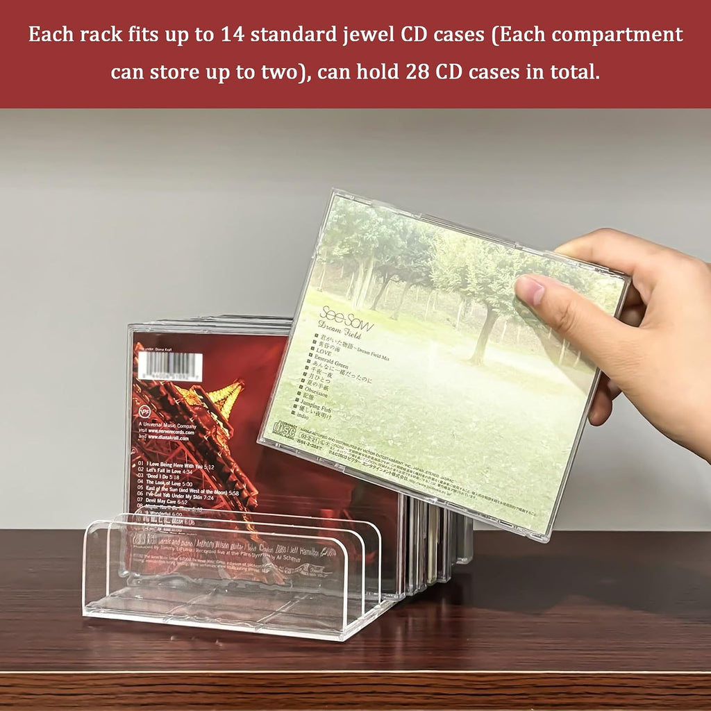 2 Pcs Clear Acrylic Cd Holder, Dvd/Cd Display Rack & Cd Storage Box & Vinyl Record Storage Stand Holds Up To 14 Standard Cd Cases For Media Shelf Storage And Organization