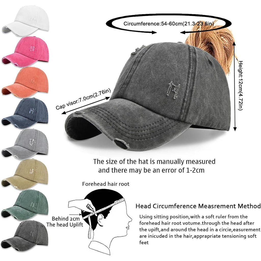 Enwokran Women Ponytail Hat Baseball Cap, Adjustable Criss Cross Messy Buns Ponycaps High Bun Cotton Distressed Hats Black
