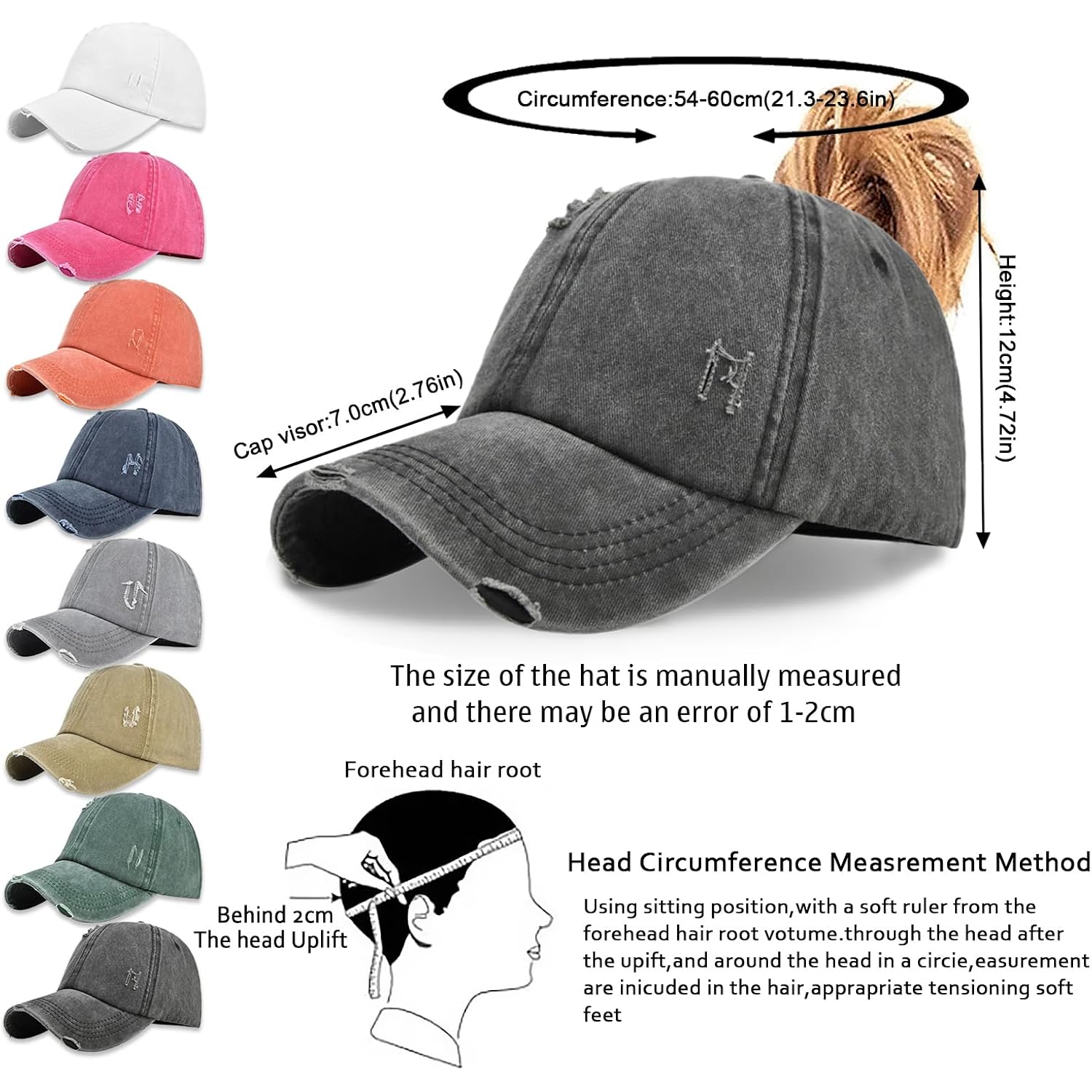 Enwokran Women Ponytail Hat Baseball Cap, Adjustable Criss Cross Messy Buns Ponycaps High Bun Cotton Distressed Hats Black