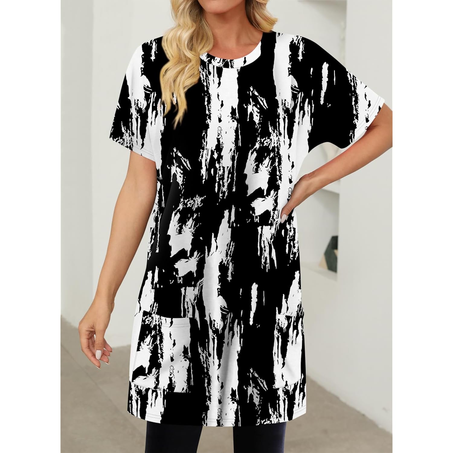KISSMODA Womens Summer Tunic Tops for Leggings Casual Short Sleeve Long Shirts with Pockets