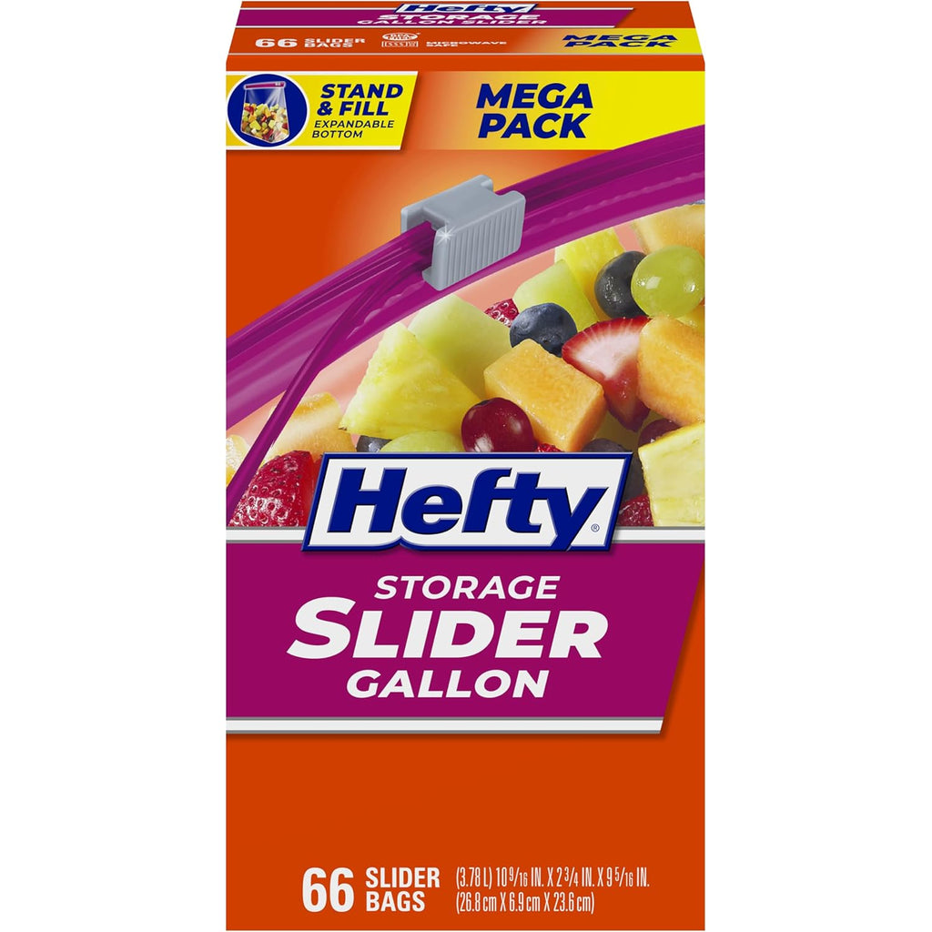 Hefty Slider Gallon Storage Bags, 66 Count, Gallon Size Slider Storage Bags for Storing Food, Bulk Snacks, Travel Toiletries, First Aid Kits, and More, Writable Label, Secure Zip and Click Closure