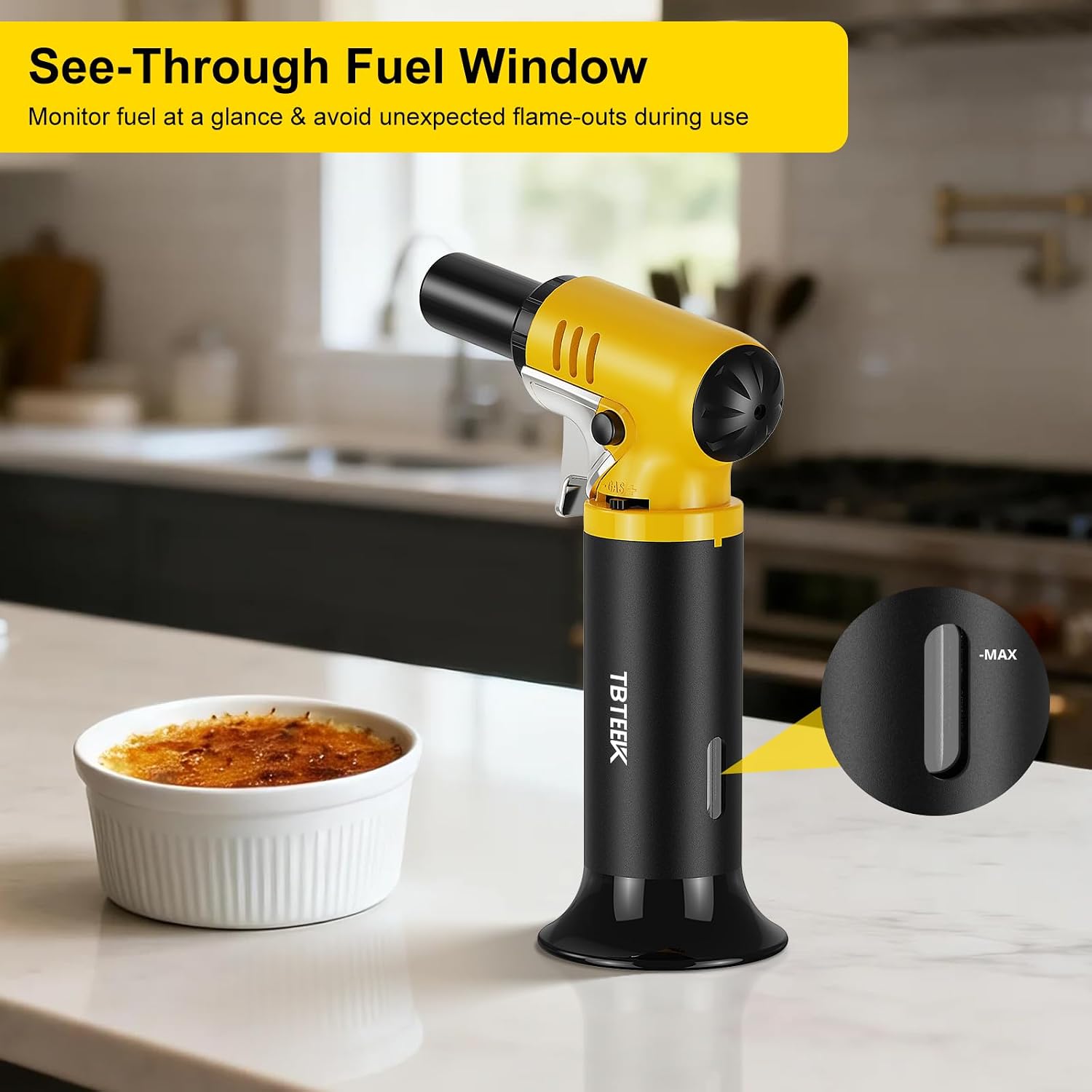 Butane Torch With Fuel Gauge T907, One-Hand Operation Kitchen Torch Lighter With Adjustable Flame For Bbq, Baking, Brulee Creme, Crafts And Soldering(Butane Gas Not Included)