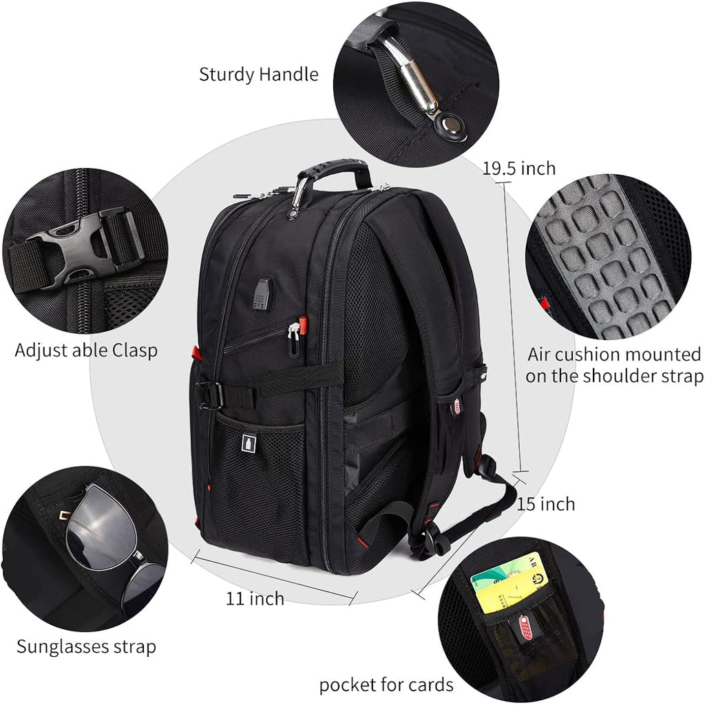 Shrradoo Extra Large 50L Travel Laptop Backpack With Combination Lock,High School College Backpack Airline Approved Business Work Bag Fit 17 Inch Laptops For Men Women,Black