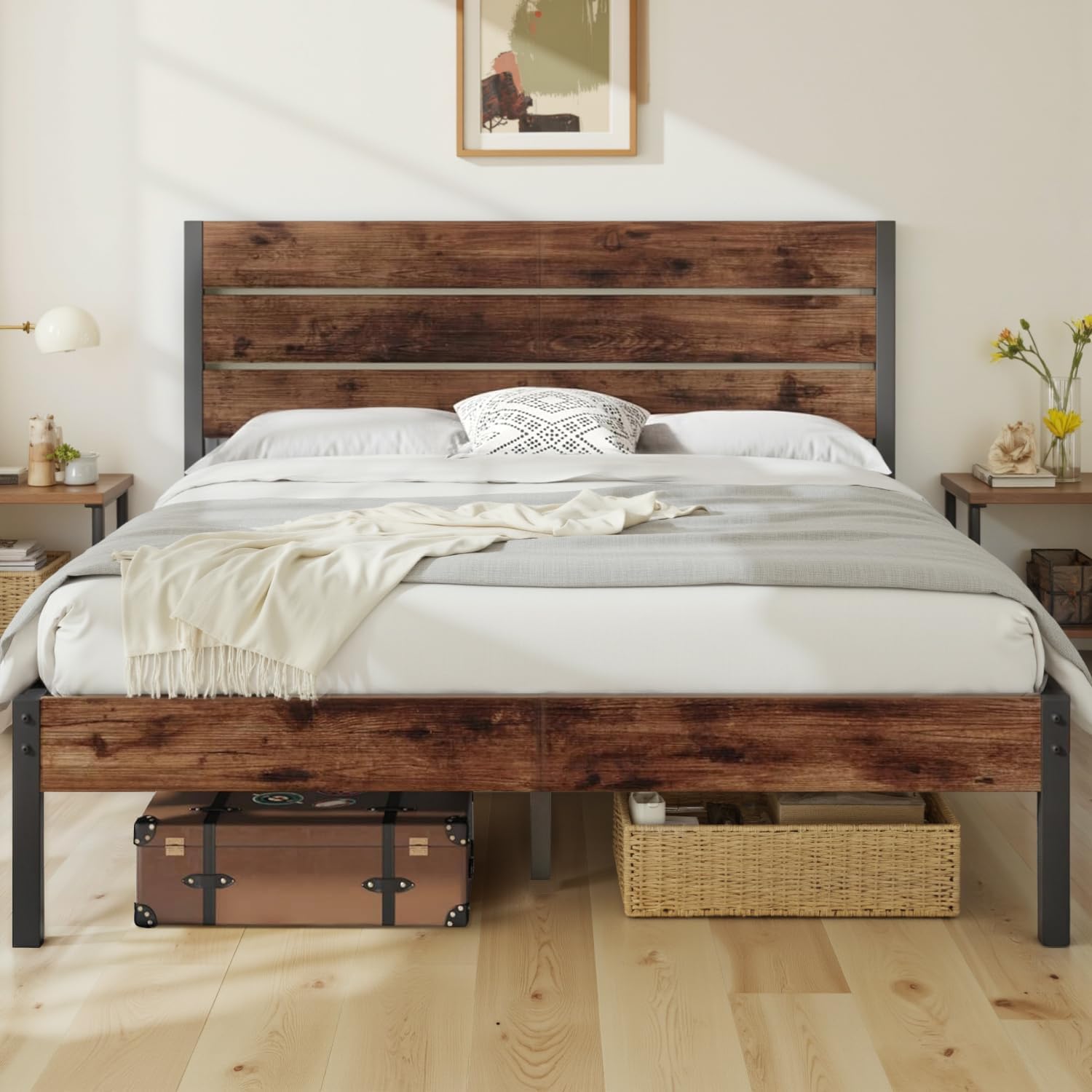 Queen Bed With Headboard And Footboard, With Under Bed Storage, All-Metal Support System, No Box Spring Needed, Easy Assembly,Retro Brown