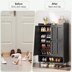 Shoe Cabinet With Cross Molding Doors, 6-Tier Shoe Storage Cabinet With 3 Adjustable Shelves And Metal Legs, 45'' Tall Shoes Rack Organizer Cabinet For Entryway, Front Door, Black