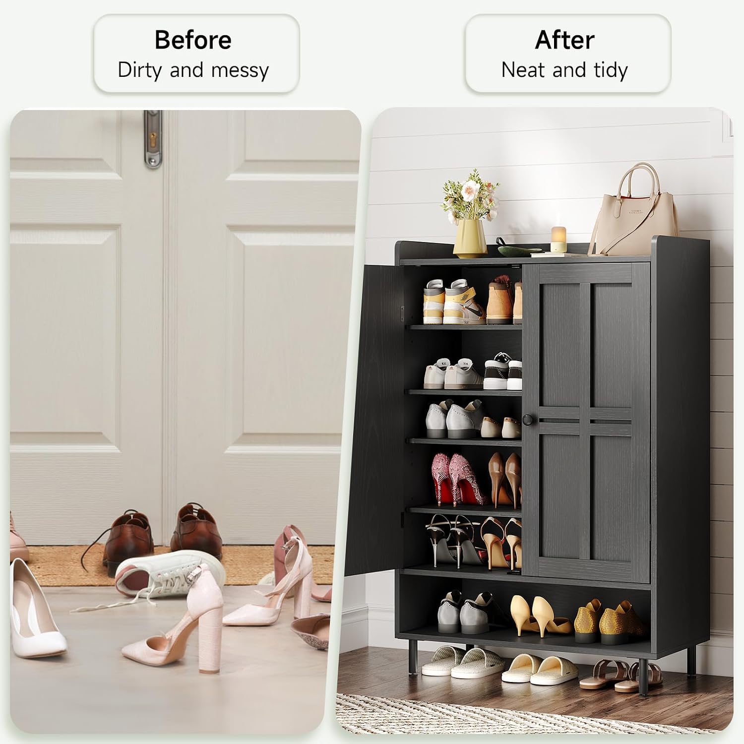 Shoe Cabinet With Cross Molding Doors, 6-Tier Shoe Storage Cabinet With 3 Adjustable Shelves And Metal Legs, 45'' Tall Shoes Rack Organizer Cabinet For Entryway, Front Door, Black