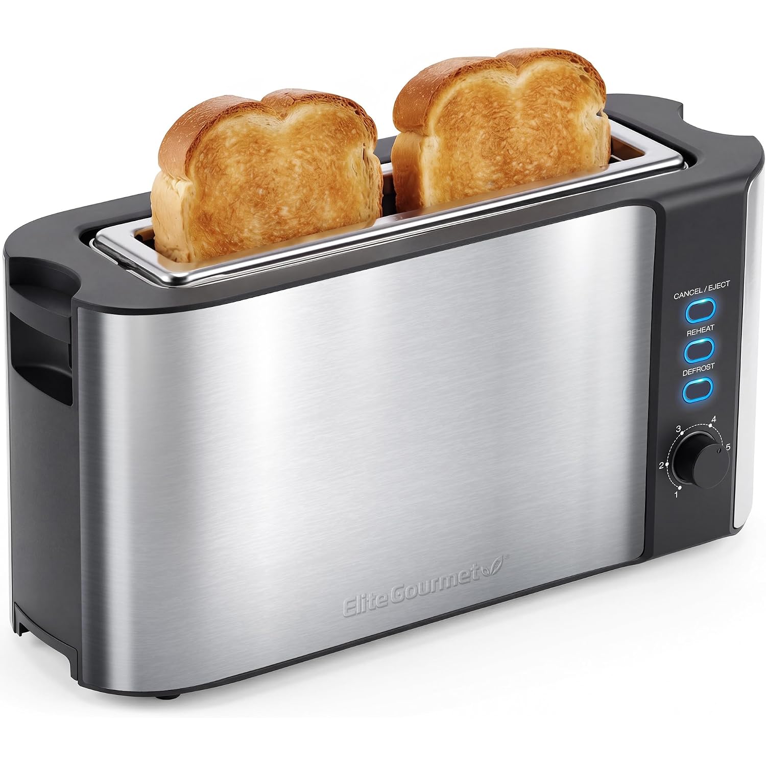 Elite Gourmet Ect3200 2-Slice, 1 Long Slot, Slim Toaster, Reheat, 6 Toast Settings, Defrost, Cancel Functions, Built-In Warming Rack, Extra Wide Slots For Bagels Waffles, Stainless Steel & Black