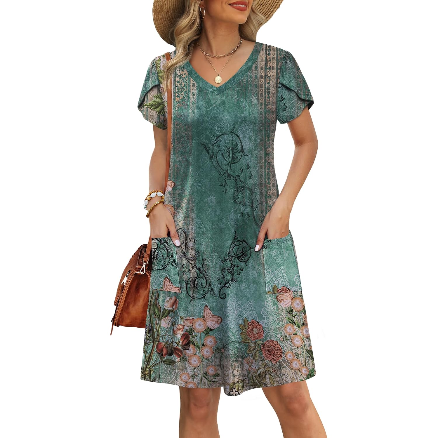 Ofeefan Womens Summer Dresses 2026 Tulip Petal Short Sleeve V Neck Loose Swing Sundresses With Pockets Plain/Print