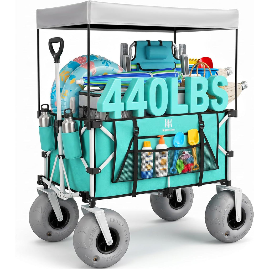 Beach Wagon With Big Balloon Wheels For Sand, 200L Extra Large Beach Cart With Canopy, 440Lbs Heavy Duty Folding Wagon Collapsible With 9" Tires & Side Pocket For Beach, Outdoor, Light Blue