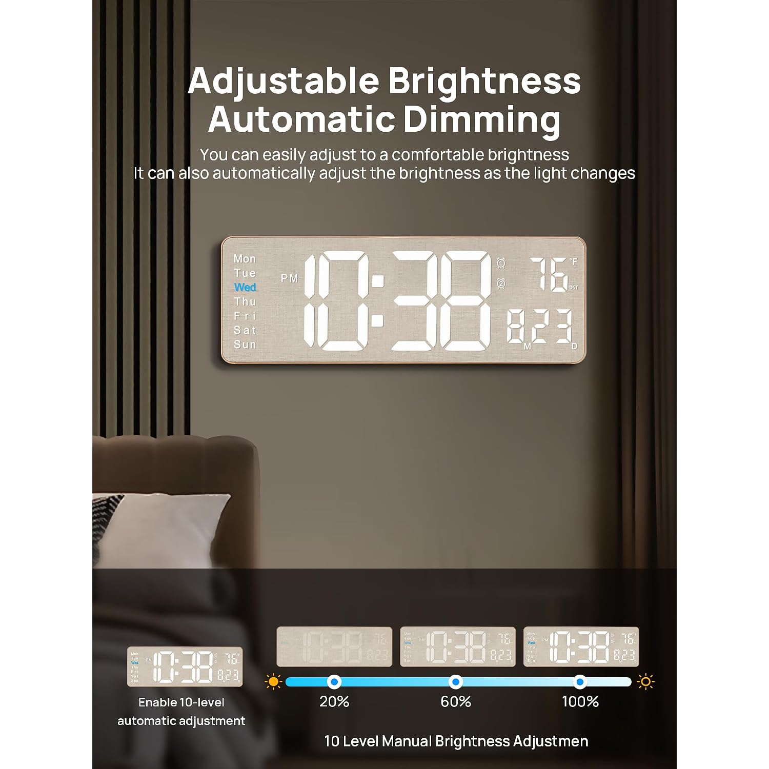 Mashi 2026 Upgrade Digital Wall Clock, 16" Large Display Digital Clock With Remote Control, Auto-Dimming Wall Clock With Night Light, Dst, Date Week,Temp For Living Room, Gift For Elderly (Beige)