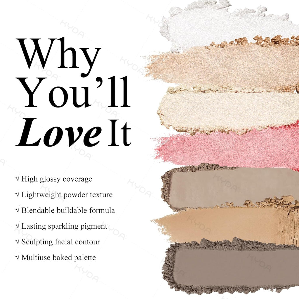 KYDA Face Highlighter Palette, High Glossy Face Illuminator Palette, Natural Glow Finish, Pearl Shimmer Smooth Baked Powder, Lasting Sparkling Champagne Highlighter Makeup-SUN GLOW