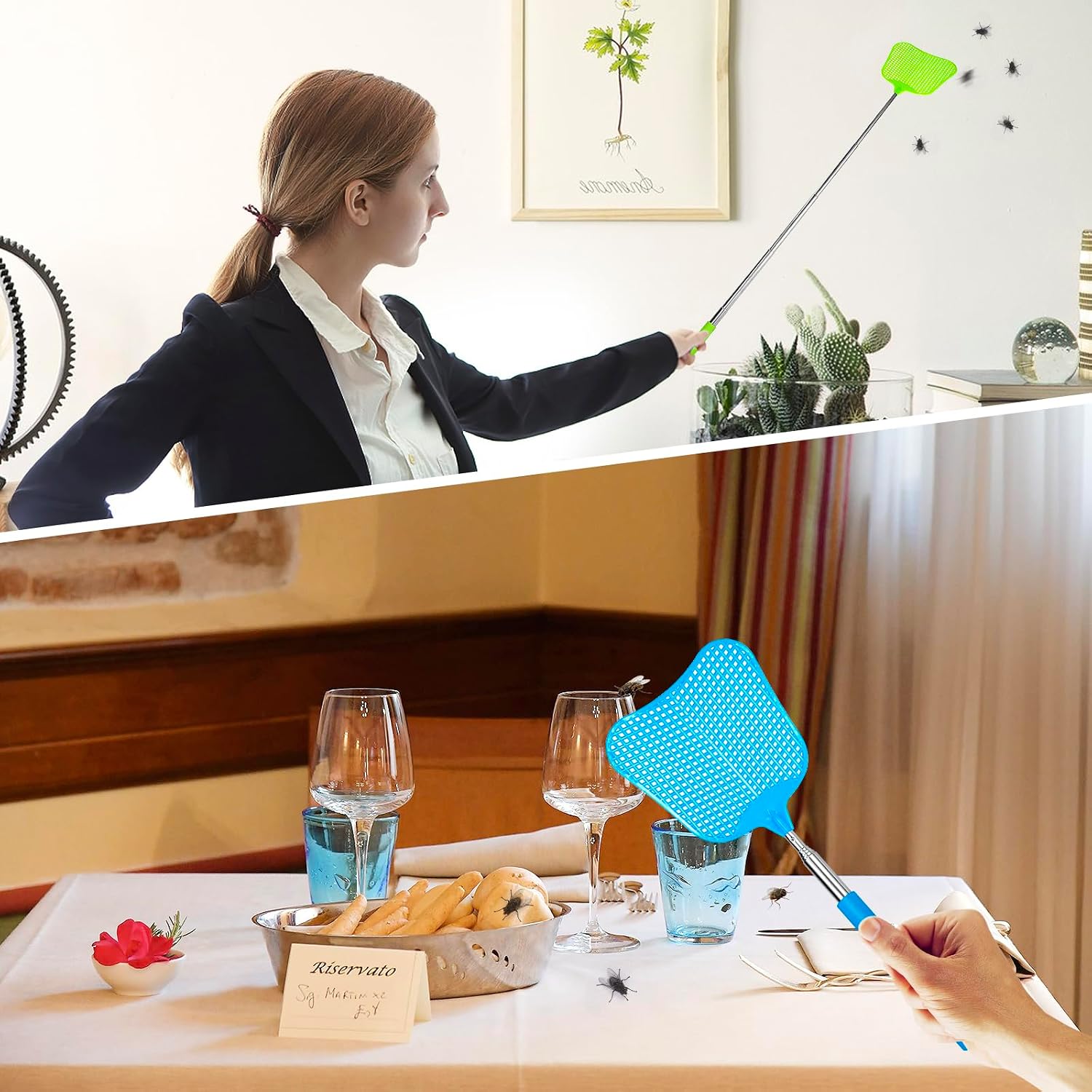 Telescopic Fly Swatter, Begonia Fly Swatter For Indoors,Manual Plastic Flyswatter Heavy Duty With Stainless Steel Telescopic Handle (3 Pack)