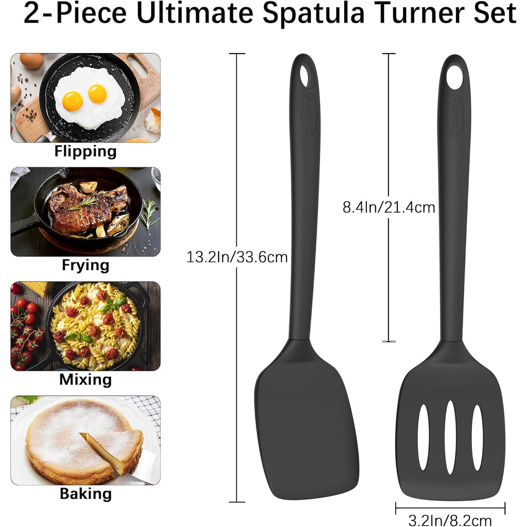 2 Pack Silicone Spatula Set,High Heat Resistant, Bpa-Free | Dishwasher Safe Kitchen Spatula For Nonstick Pans, Solid & Slotted Turners For Cooking, Sautéing, And Flipping, Pureblack