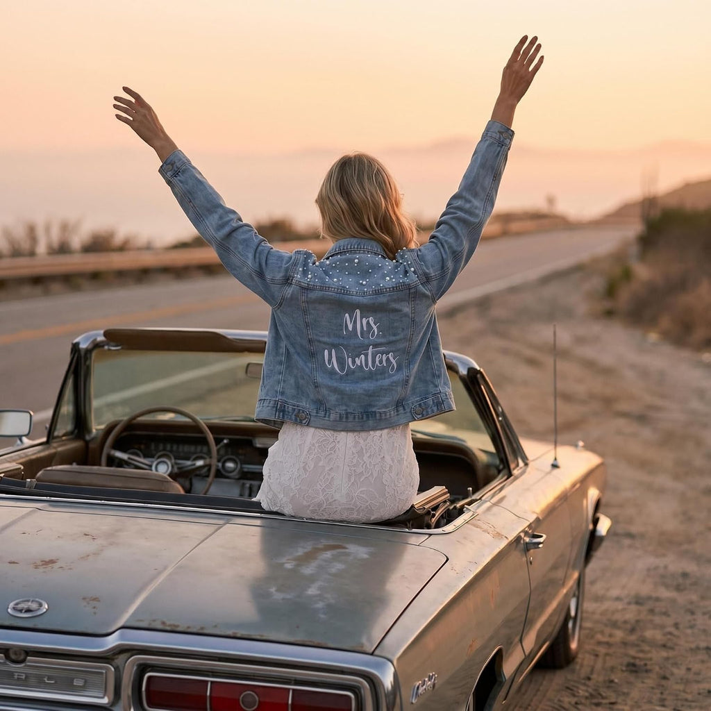 Custom Embroidered Bridal Denim Jacket, Women'S Pearl Denim Jacket With Name,Made Of Embroidery,Suitable For Bachelorette Party, Wedding,Honeymoon, Wedding Gift, Bridal Gift
