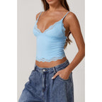QINSEN Women's Double Layer Crop Cami V-Neck Lace Trim Tank Top with Adjustable Straps Delicate Overlay for Summer