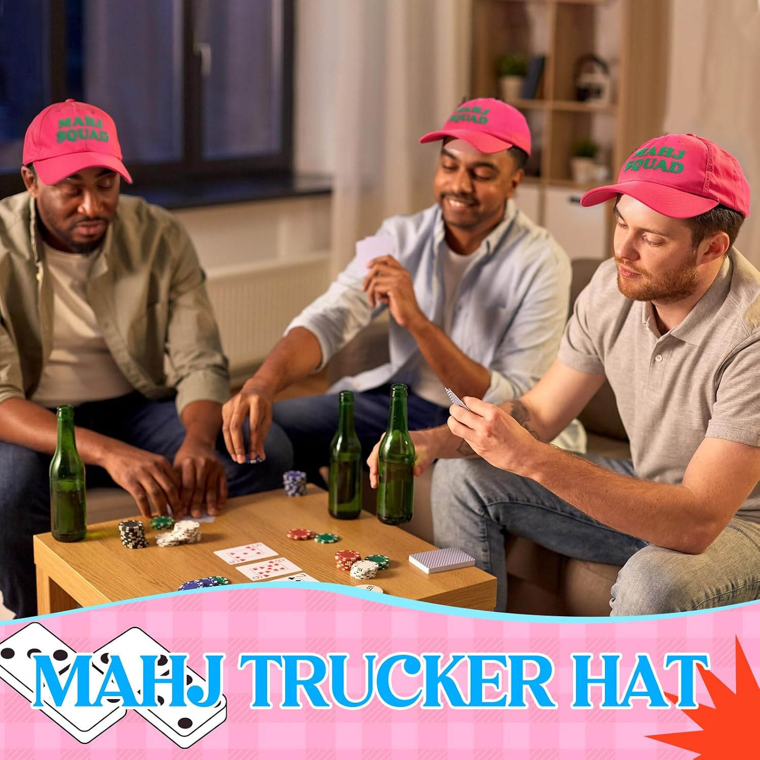Mahjong Print Trucker Hat Mahj Squad Embroidered Cap Mahj Cap Foam Trucker Hat for Mahjong Accessories Party Gifts Deep Pink