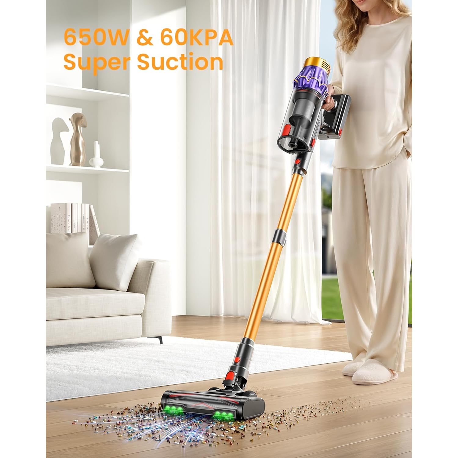 Cordless Vacuum Cleaner, 650W/60Kpa/70 Mins Vacuum Cleaners For Home With Self-Standing, Anti-Tangle Vacuum Cordless, Smart Display And 1.8L Cup Cordless Stick Vacuum Cleaner For Pet Hair/Carpets