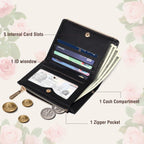 Small Wallet for Women -Bifold Embroidery Flower Wallet RFID Blocking PU Leather with Zipper Pocket for women girls(Black)