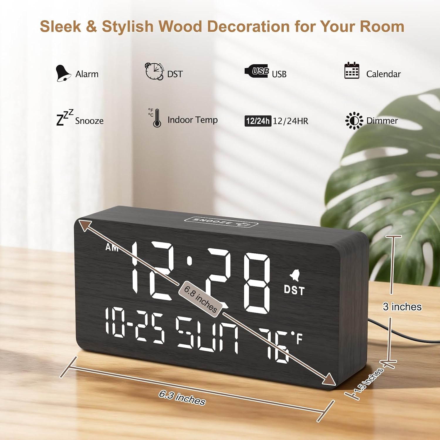 Dreamsky Wooden Digital Alarm Clocks For Bedrooms With Date & Day Of Week | Living Room Desk Clock, Temperature, Usb Port, Dimmer Wheel, Adjustable Volume, Auto Dst, Office Wood Decor (Plug-In)