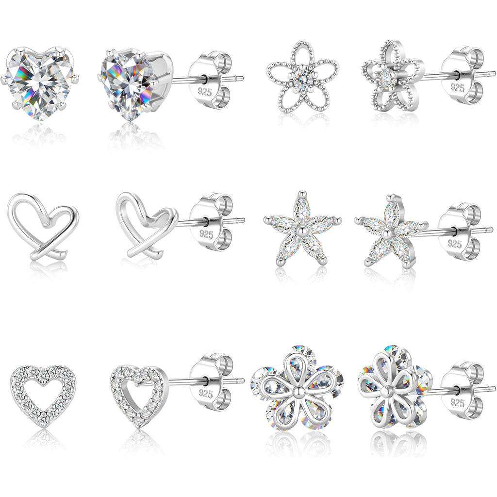 ALEXCRAFT Small Gold Stud Earrings - 6 Pairs Cute Heart Studs for Women - Cubic Zirconia - Hypoallergenic - Pack