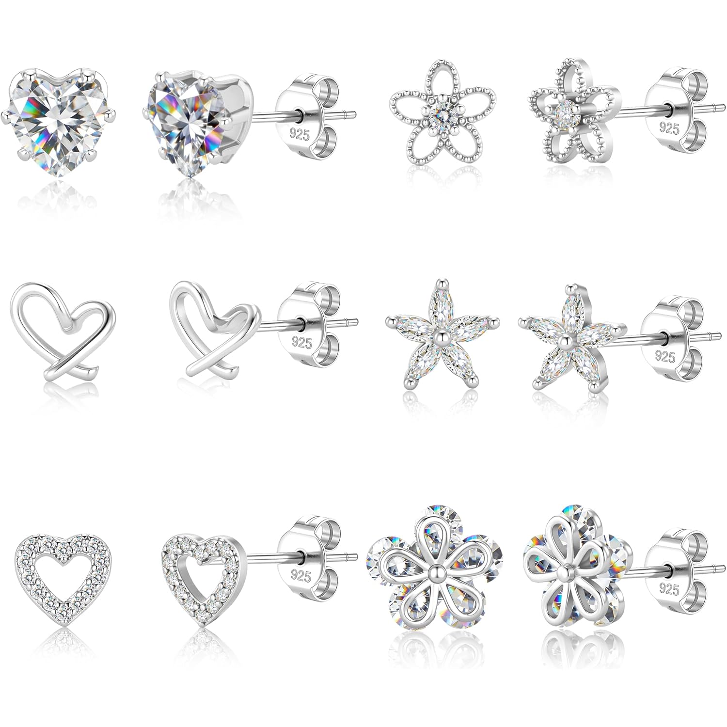 ALEXCRAFT Small Gold Stud Earrings - 6 Pairs Cute Heart Studs for Women - Cubic Zirconia - Hypoallergenic - Pack